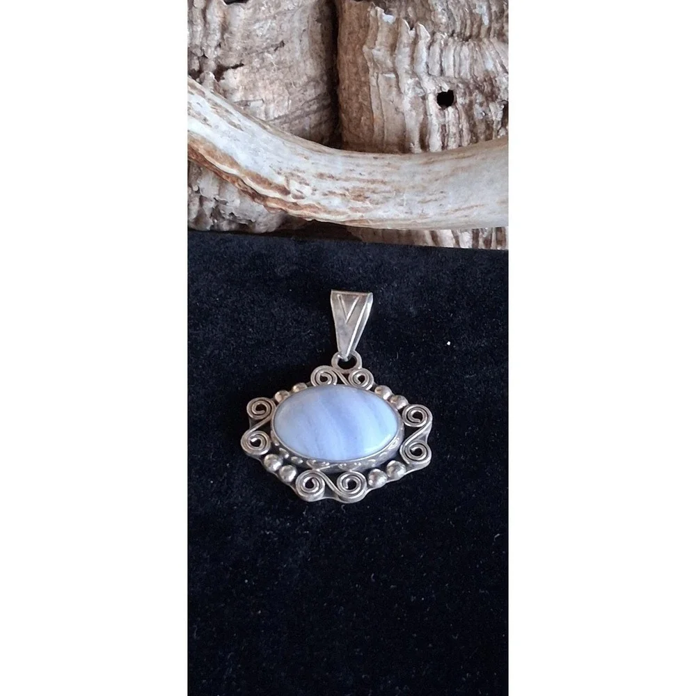 Sterling Silver CII Mexico Blue Lace Agate Pendant 925